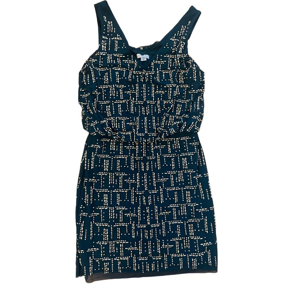 Cache Dark‎ teal Golden beaded blouson mini party dress fancy size 4 Retail $268